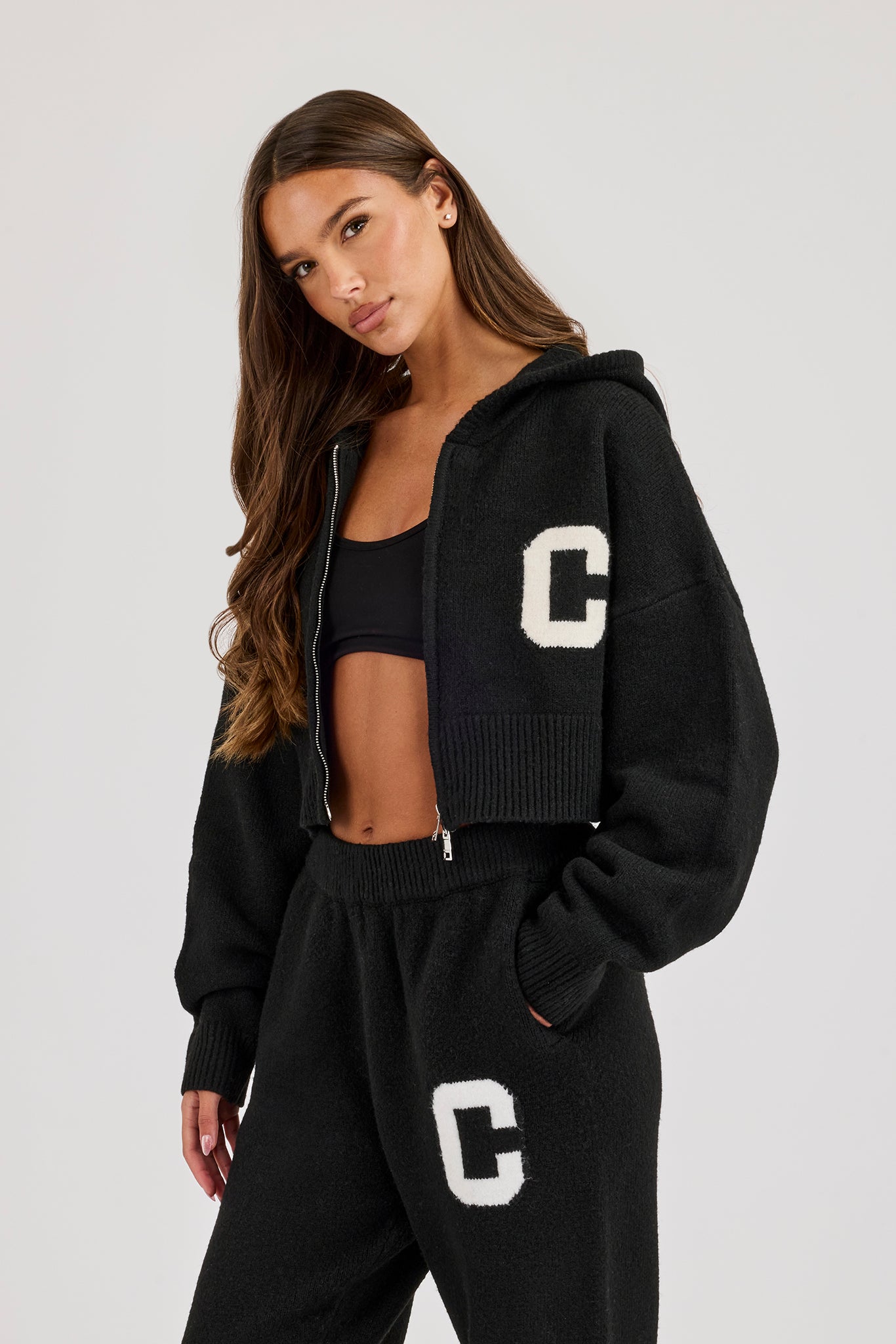 C Intarsia Cropped Zip Through Hoodie - Black